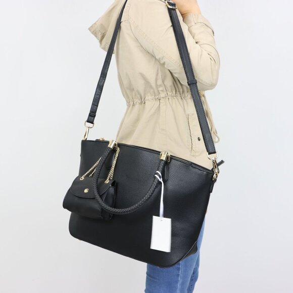 Black Faux Leather Purse and Coin Purse 2 in 1 Set Tote Cross Body Shoulder Bag - Picture 9 of 12